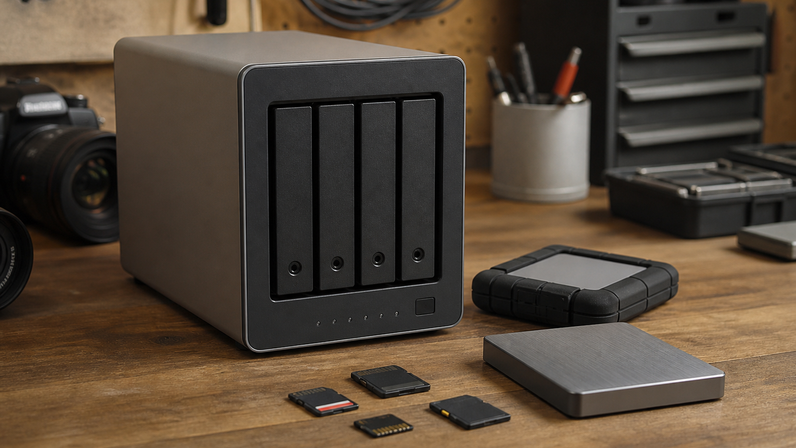 Small lab NAS beside camera media cards, robot log drive, and backup disk in a realistic workshop setting without text