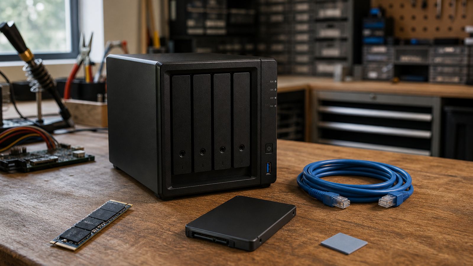 Realistic maker-lab storage bench with NAS enclosure, NVMe drive, SATA SSD, Ethernet cable, and thermal pad, no branding or readable labels