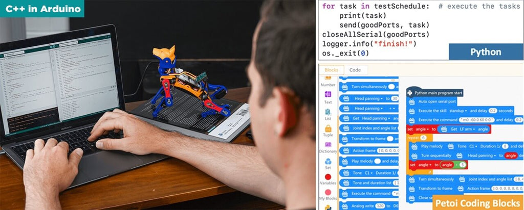 Petoi programming overview showing Arduino C++, Python and Petoi Coding Blocks