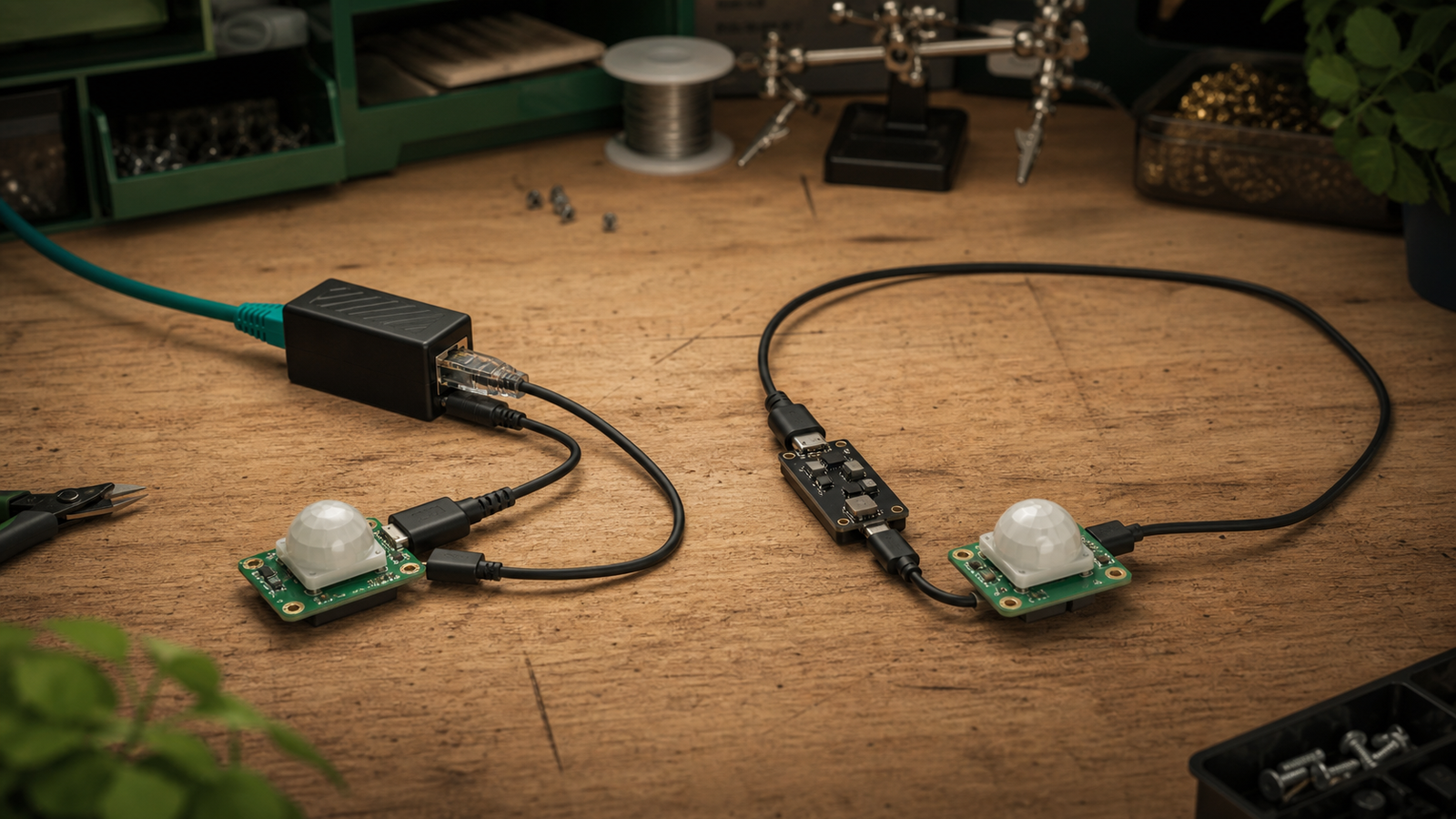 Wall-mounted smart sensor test with labeled Ethernet and USB-C cable routing