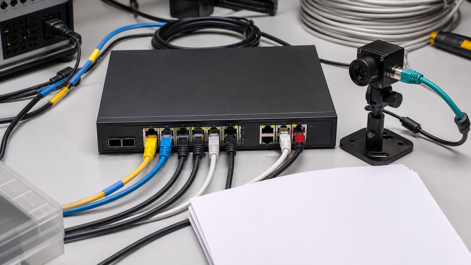 Robot camera network test with labeled Ethernet cables and power budget notes with no readable text