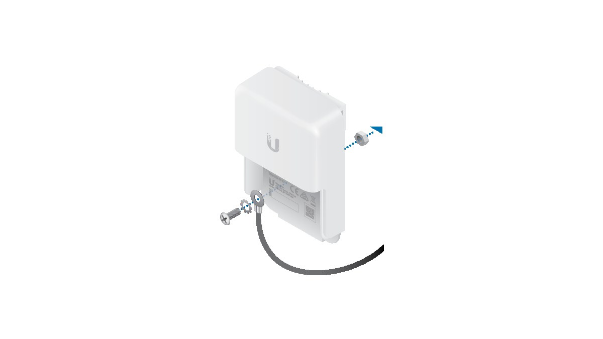 Ubiquiti quick start diagram showing Ethernet surge protector ground wire on wall