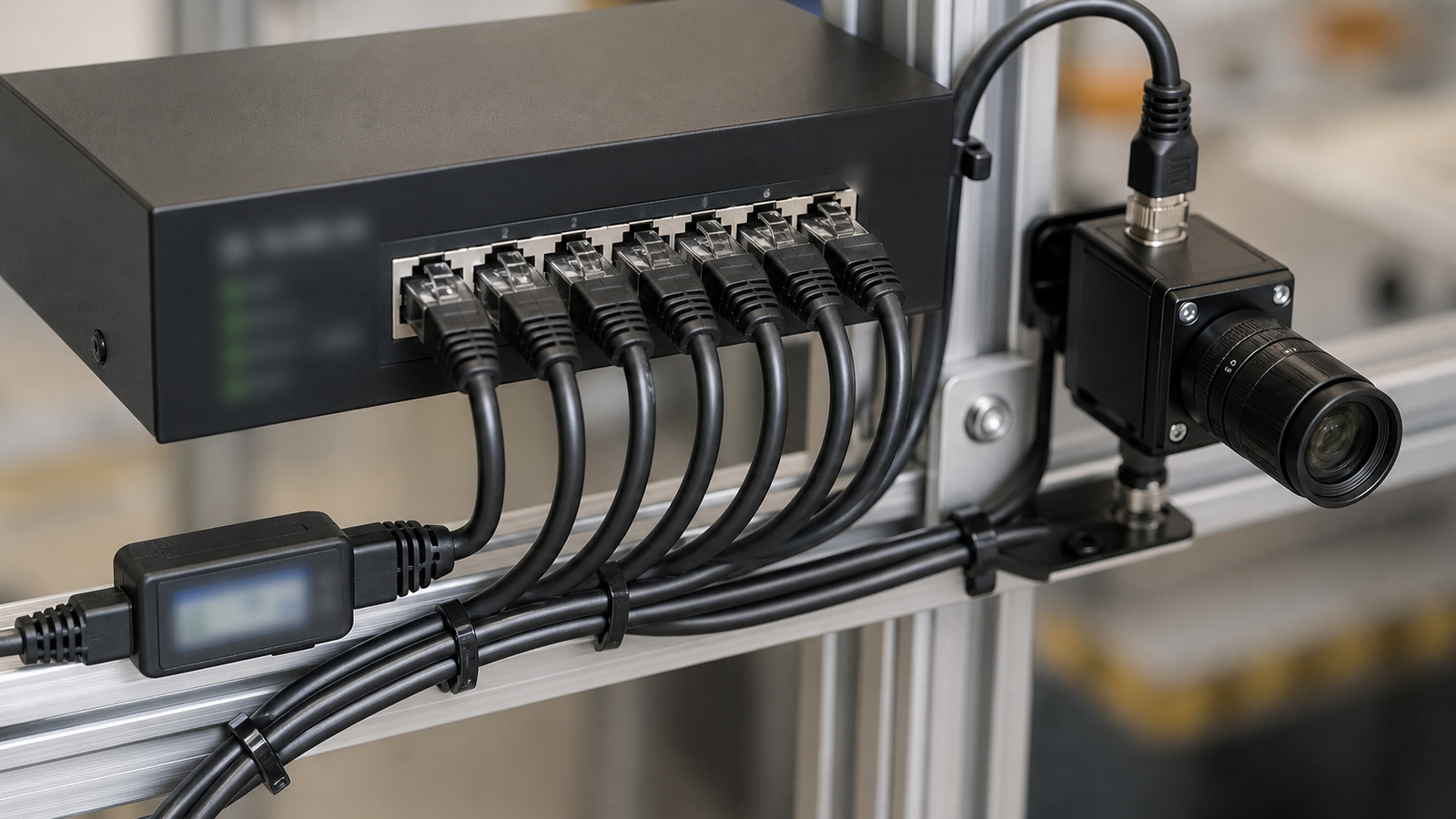 Robot camera test bench with PoE switch, injector, Ethernet cables, and rail-mounted camera