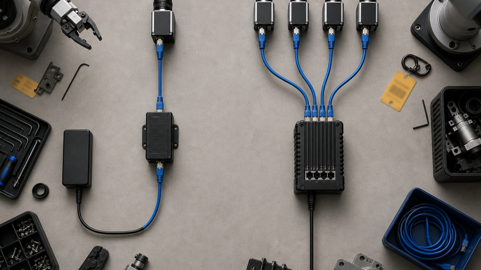 Ethernet cables with strain relief connected to a PoE switch and robot camera mount