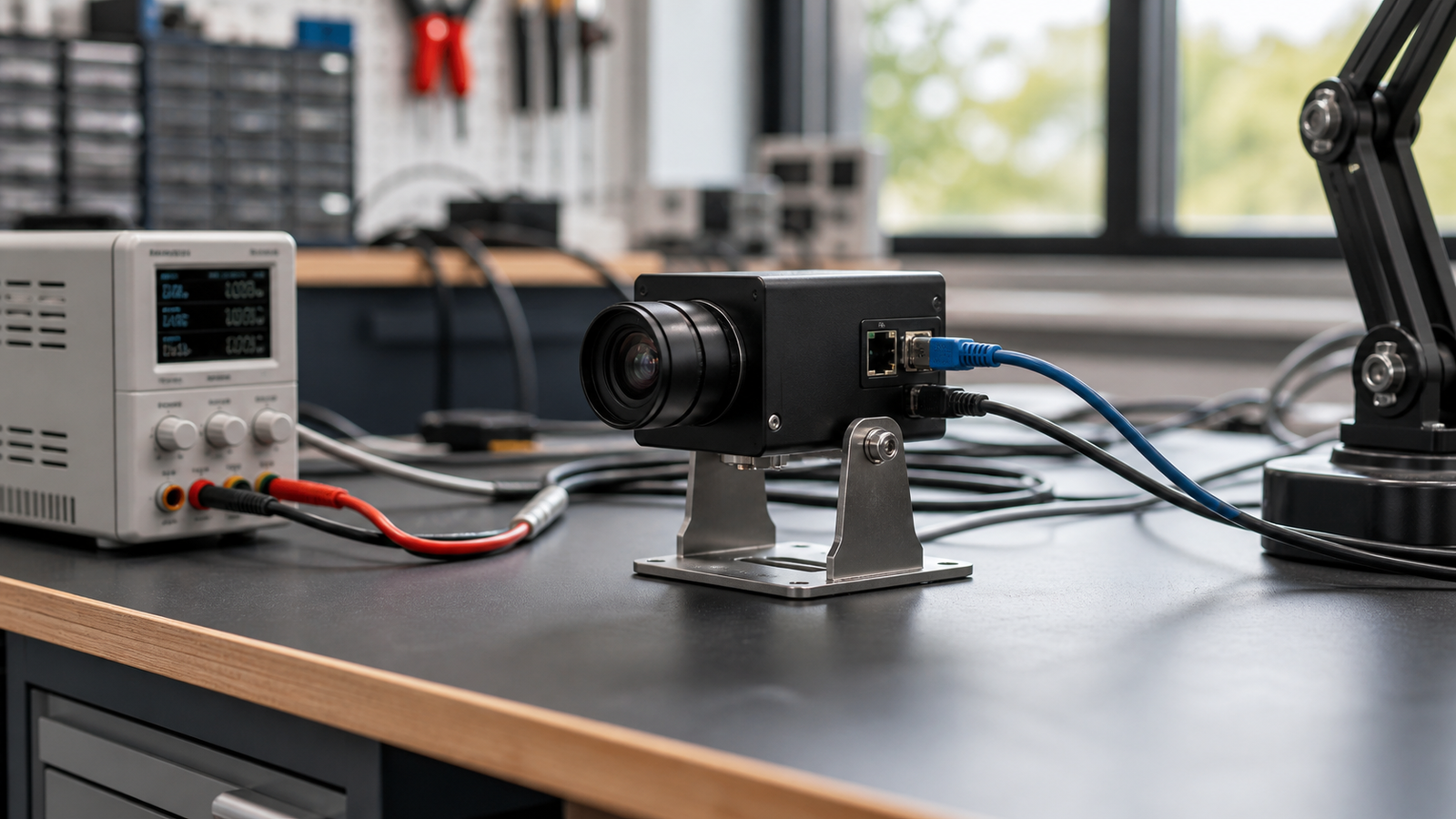Robot camera test bench with Ethernet cable, USB-C power lead, compact camera, and safe low-voltage power gear