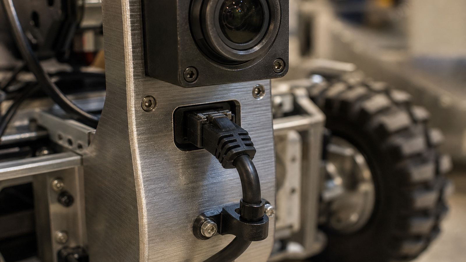 Close view of Ethernet cable strain relief and camera mount on a mobile robot