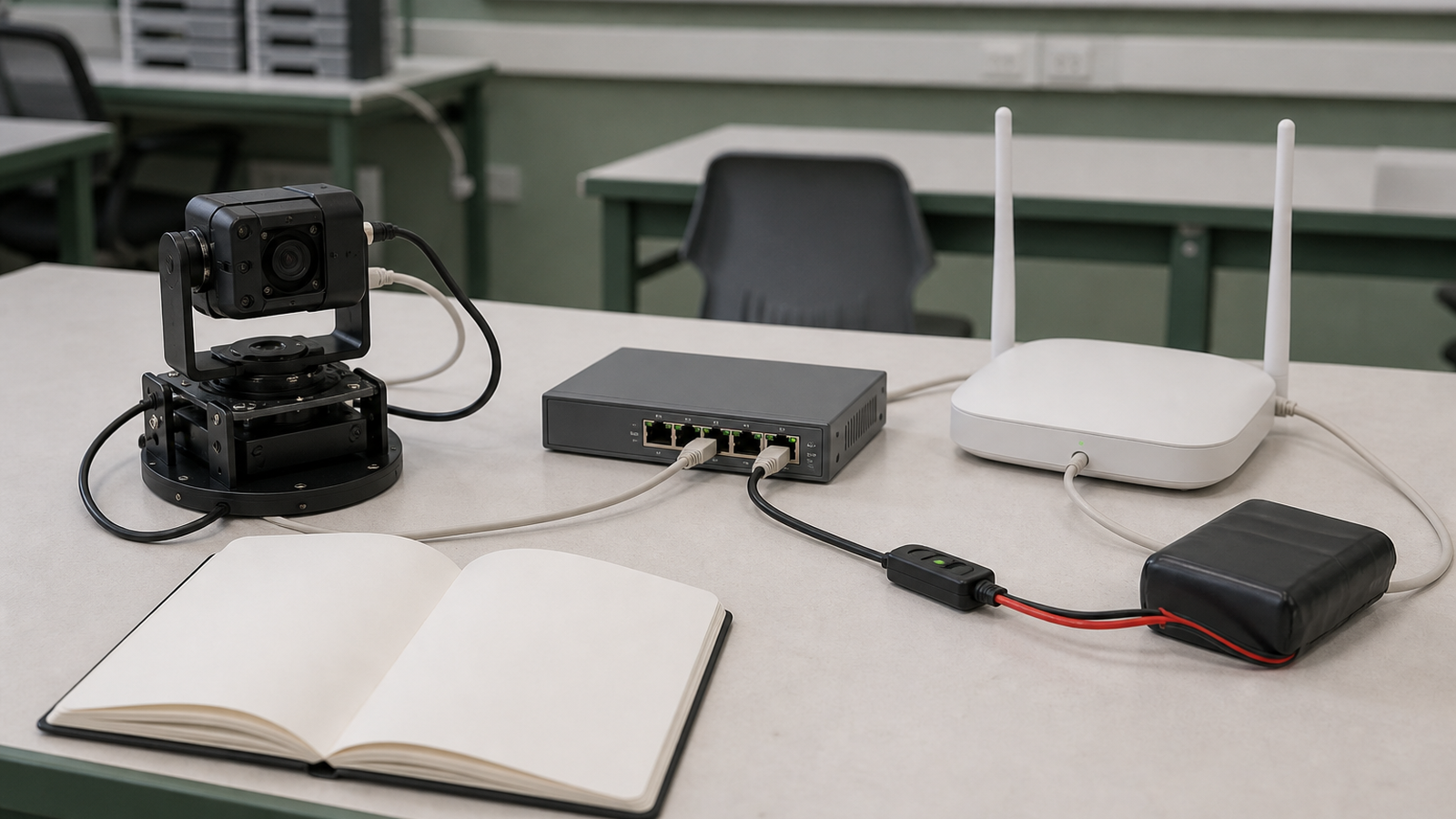 Classroom robot vision test bench with access point, PoE switch, and small robot camera