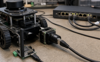 Robot camera bench with Ethernet cable, Wi-Fi antenna, and small mobile robot chassis