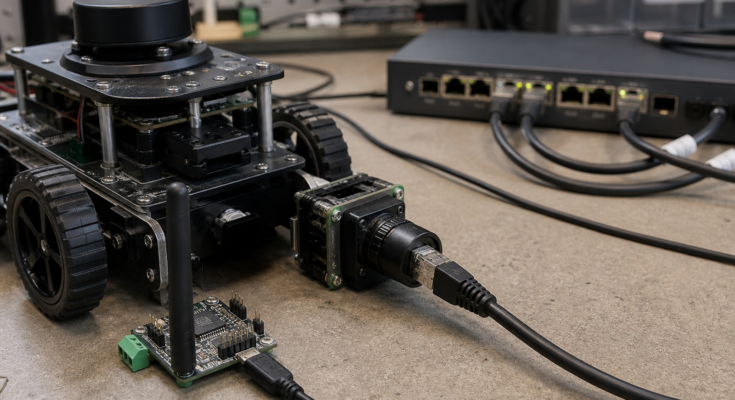 Robot camera bench with Ethernet cable, Wi-Fi antenna, and small mobile robot chassis
