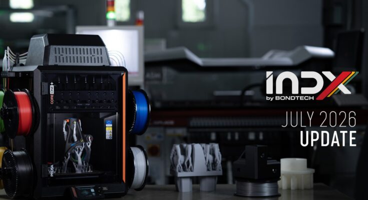 Official Prusa INDX July 2026 update image showing the CORE One INDX toolchanger setup Official Prusa INDX July 2026 update image showing the CORE One INDX toolchanger setup
