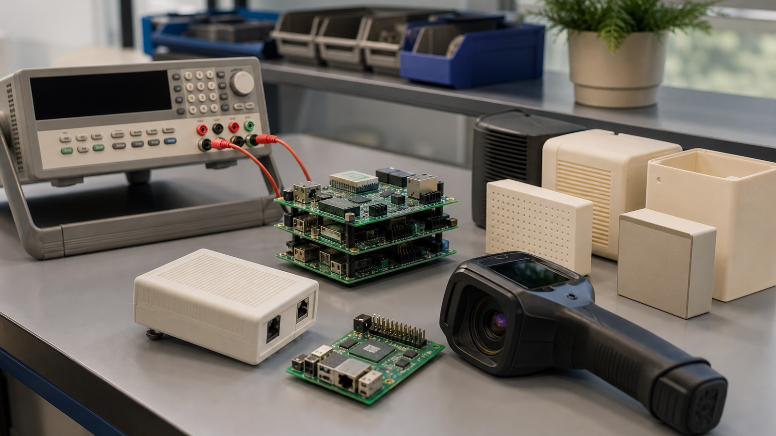 Maker lab bench showing power meter, board stack, thermal camera, and packaging samples with no readable labels