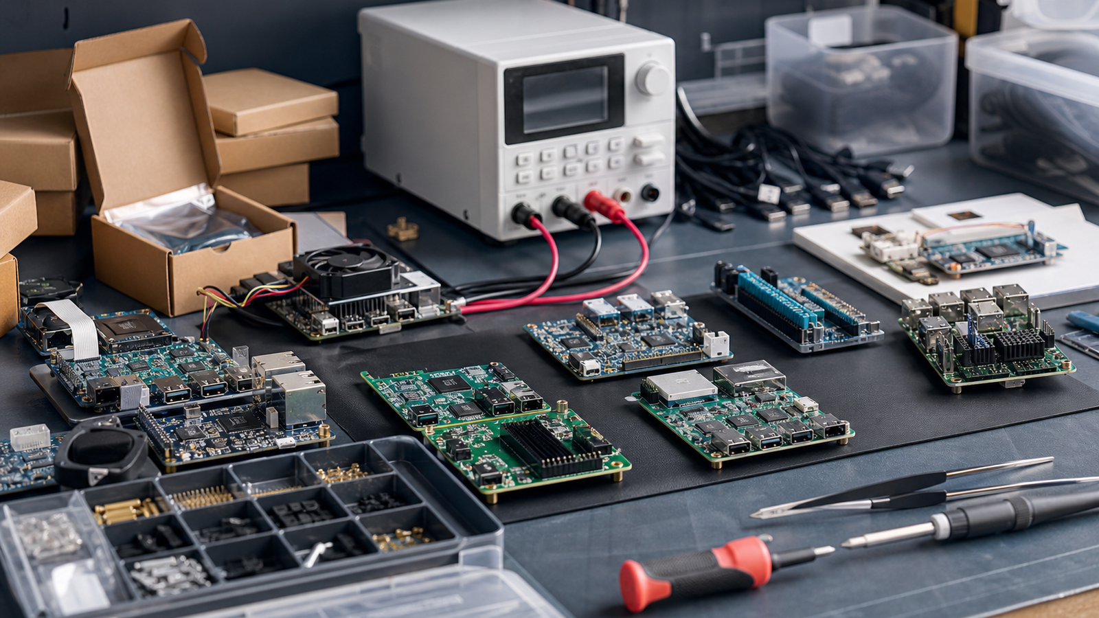 Electronics workbench with single-board computers, packaging samples, power meter, and component trays arranged for lifecycle measurement, no logos or readable text