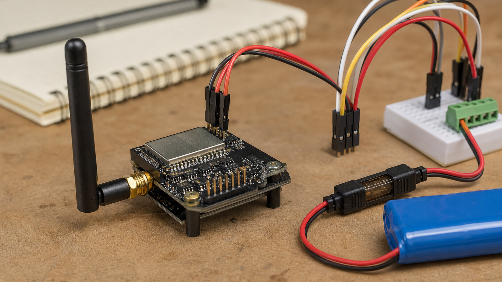 LoRa-style telemetry module and antenna on a maker workbench with connected wiring