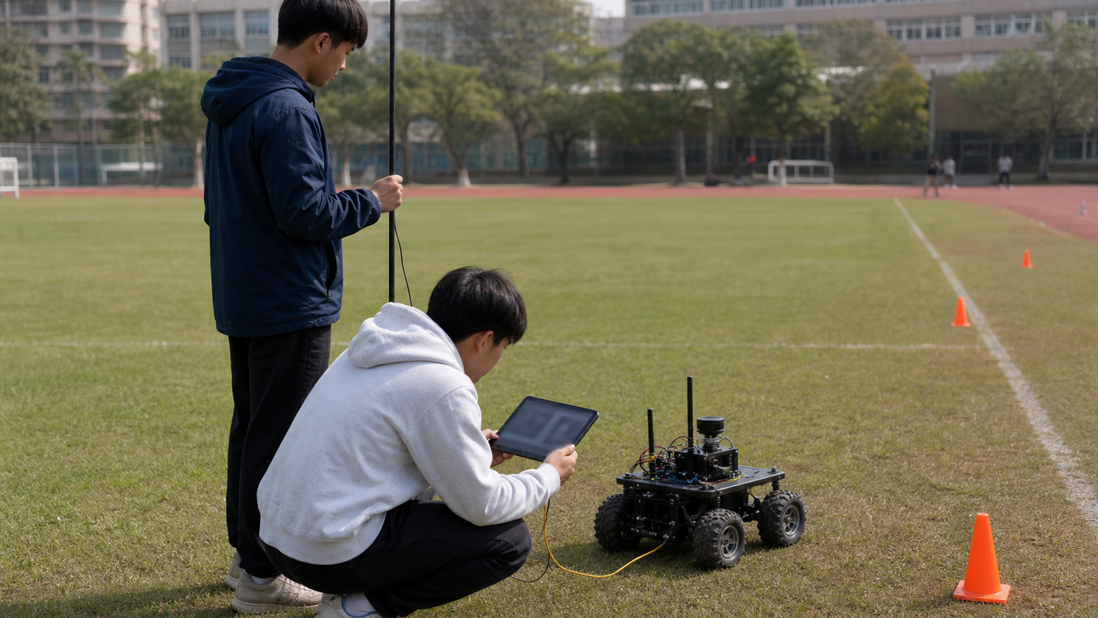 Maker team testing a small outdoor robot with a radio antenna mast