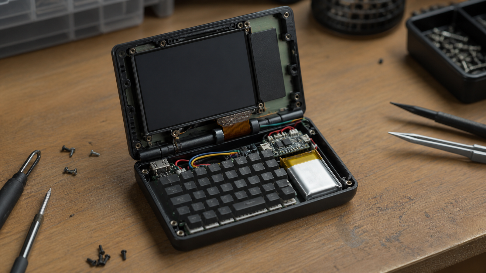 Tiny maker field-terminal workbench with small display, compact keyboard matrix, battery, and microcontroller