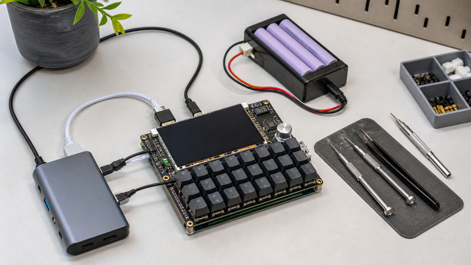 Pocket electronics layout with microcontroller keyboard board, small screen, USB hub, and battery pack