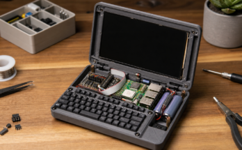 Pocket-sized maker cyberdeck concept with small screen, keyboard, battery, and Raspberry Pi-style board on a workbench