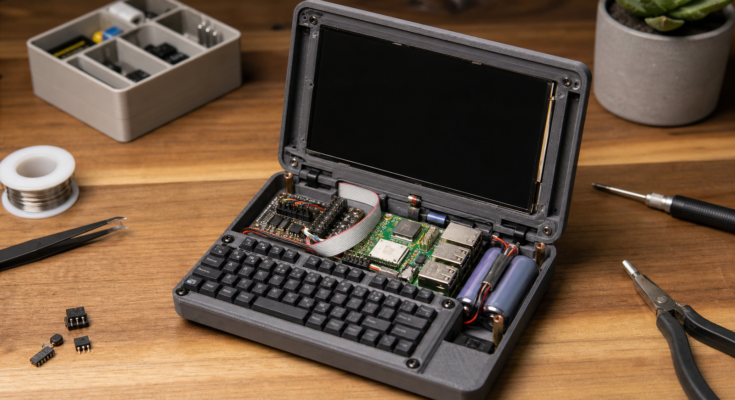 Pocket-sized maker cyberdeck concept with small screen, keyboard, battery, and Raspberry Pi-style board on a workbench Pocket-sized maker cyberdeck concept with small screen, keyboard, battery, and Raspberry Pi-style board on a workbench