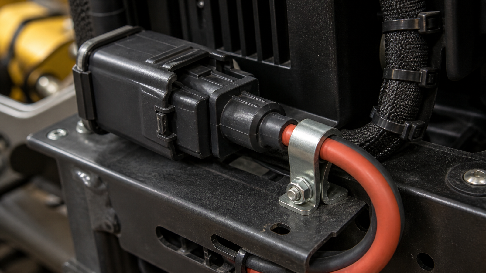 Close view of robot battery connector with looped strain relief and protected wire path