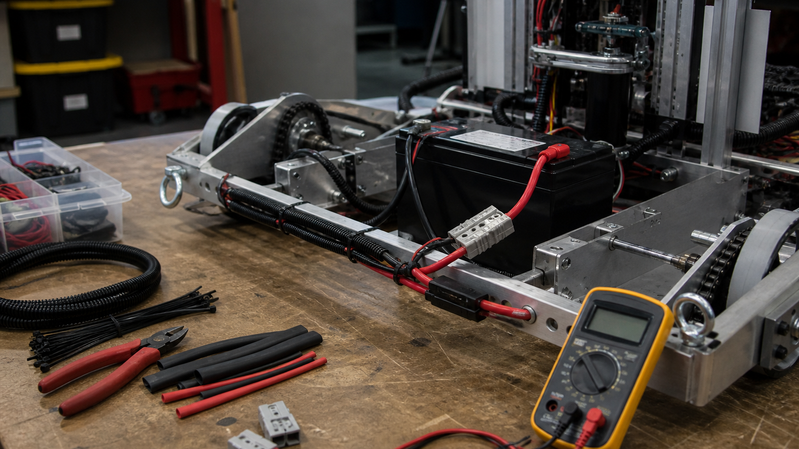 Student robotics workbench with multimeter, battery lead, fuse holder, and chassis tie-down points