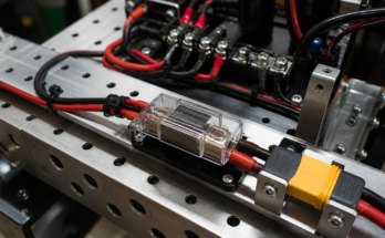 Small robot power wiring bench with battery connector, fuse, strain relief, and organized cable routing