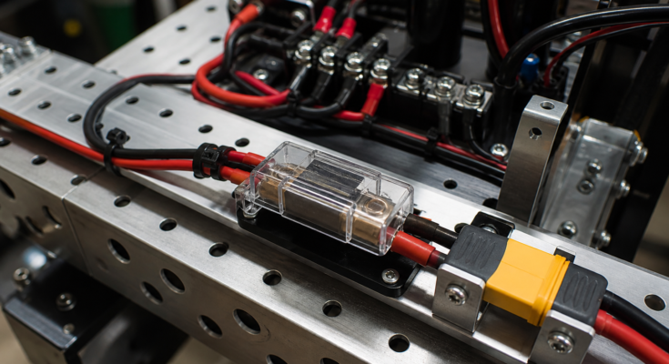 Small robot power wiring bench with battery connector, fuse, strain relief, and organized cable routing Small robot power wiring bench with battery connector, fuse, strain relief, and organized cable routing