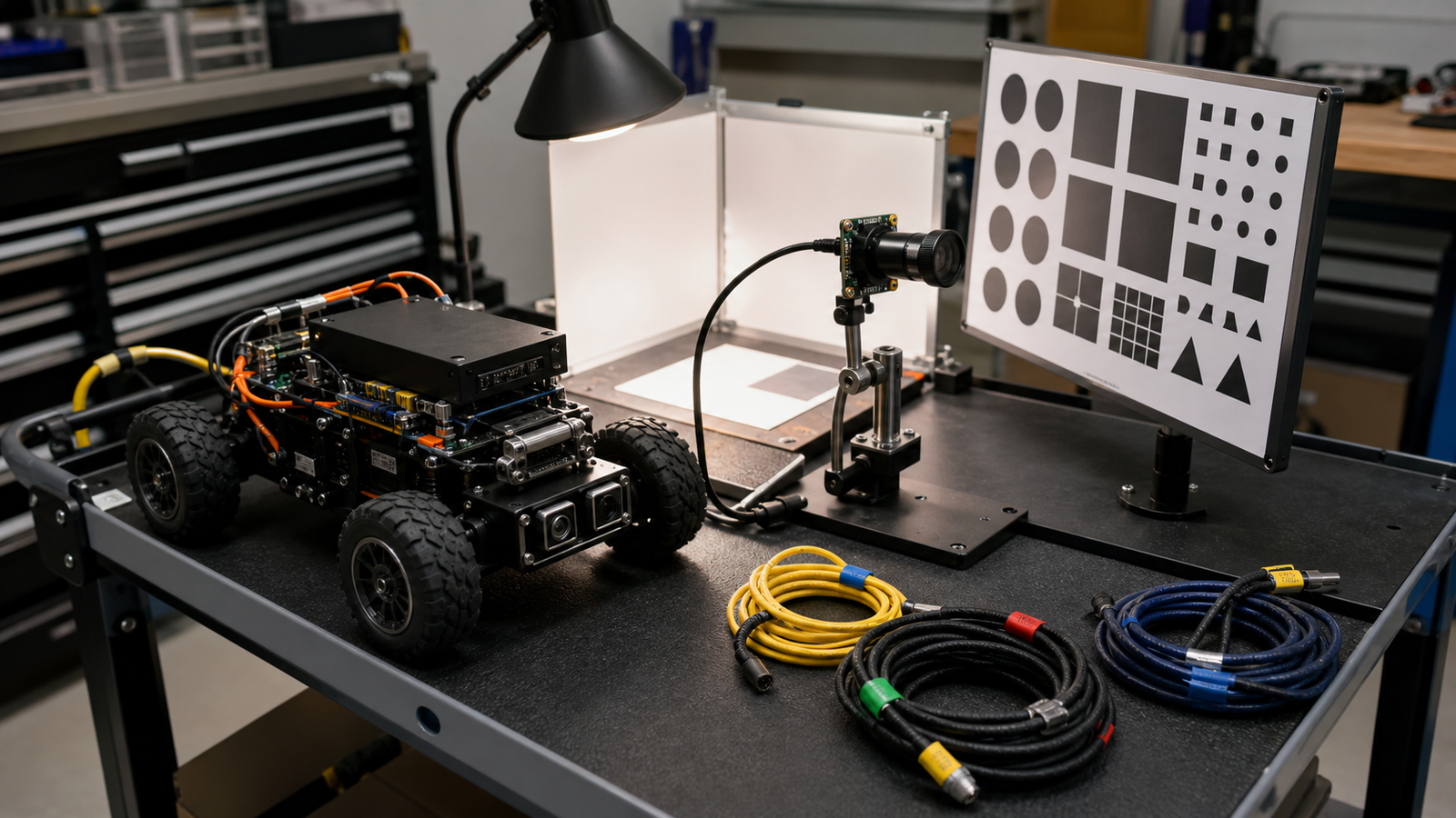Robot camera looking at a focus and glare target under adjustable workshop lighting