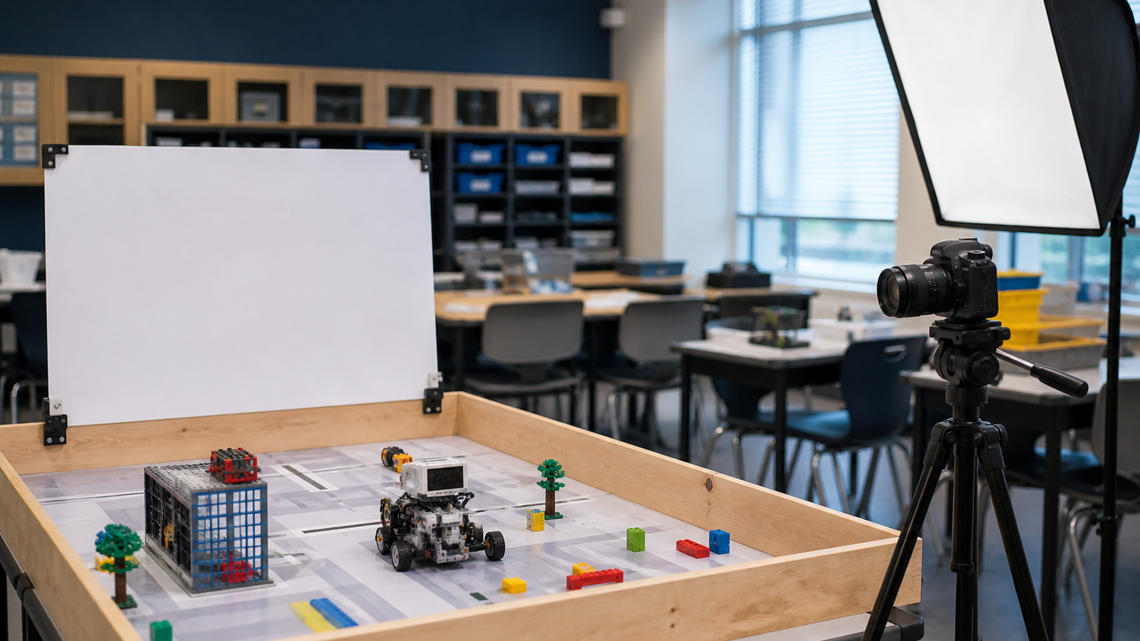 Students hands-off view of robotics demo field with camera tripod, lighting checks, and blank fiducial board, no faces or readable text
