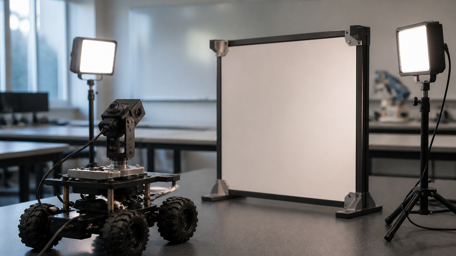 Robotics classroom bench with small robot camera aimed at blank fiducial board, LED panels, and calibration target turned away, no readable tags or text