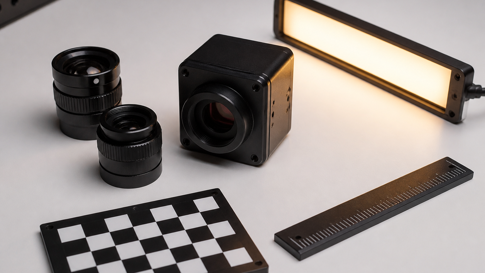 Workbench with camera module, lens options, calibration board, and lighting test setup