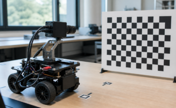 Robot camera calibration bench with checkerboard target, small mobile robot, and adjustable camera mount