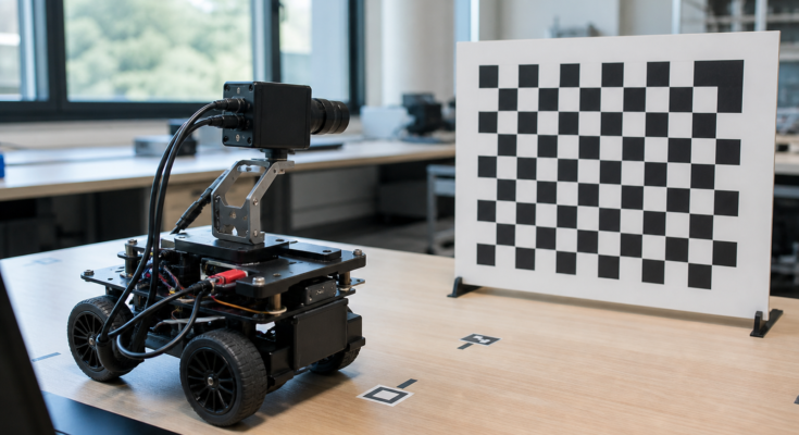 Robot camera calibration bench with checkerboard target, small mobile robot, and adjustable camera mount