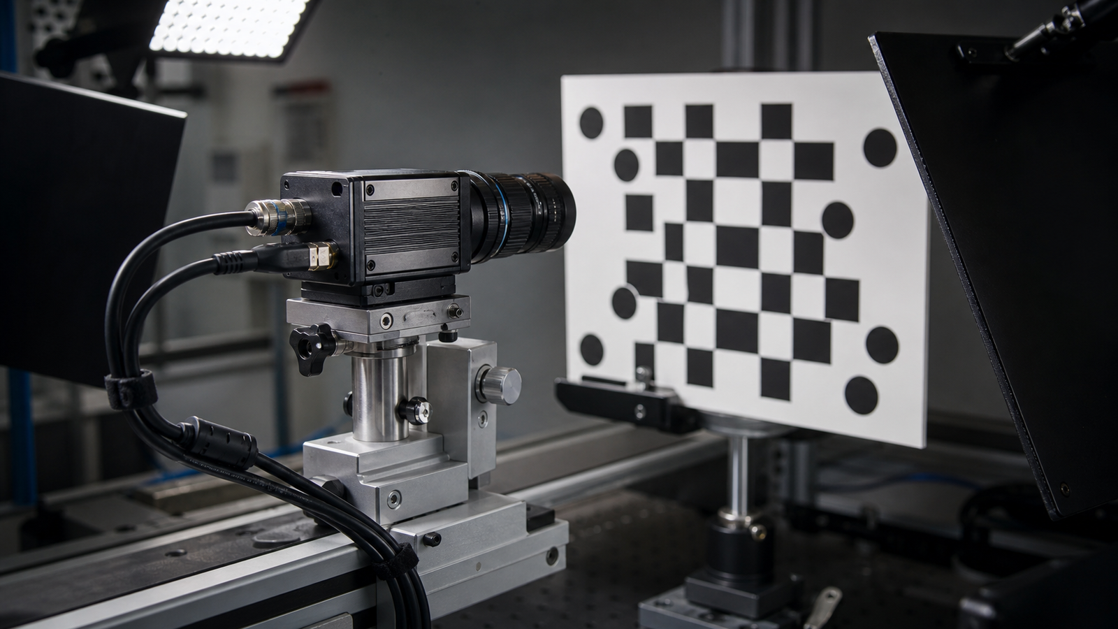 Robot camera aimed at calibration target under controlled LED lighting