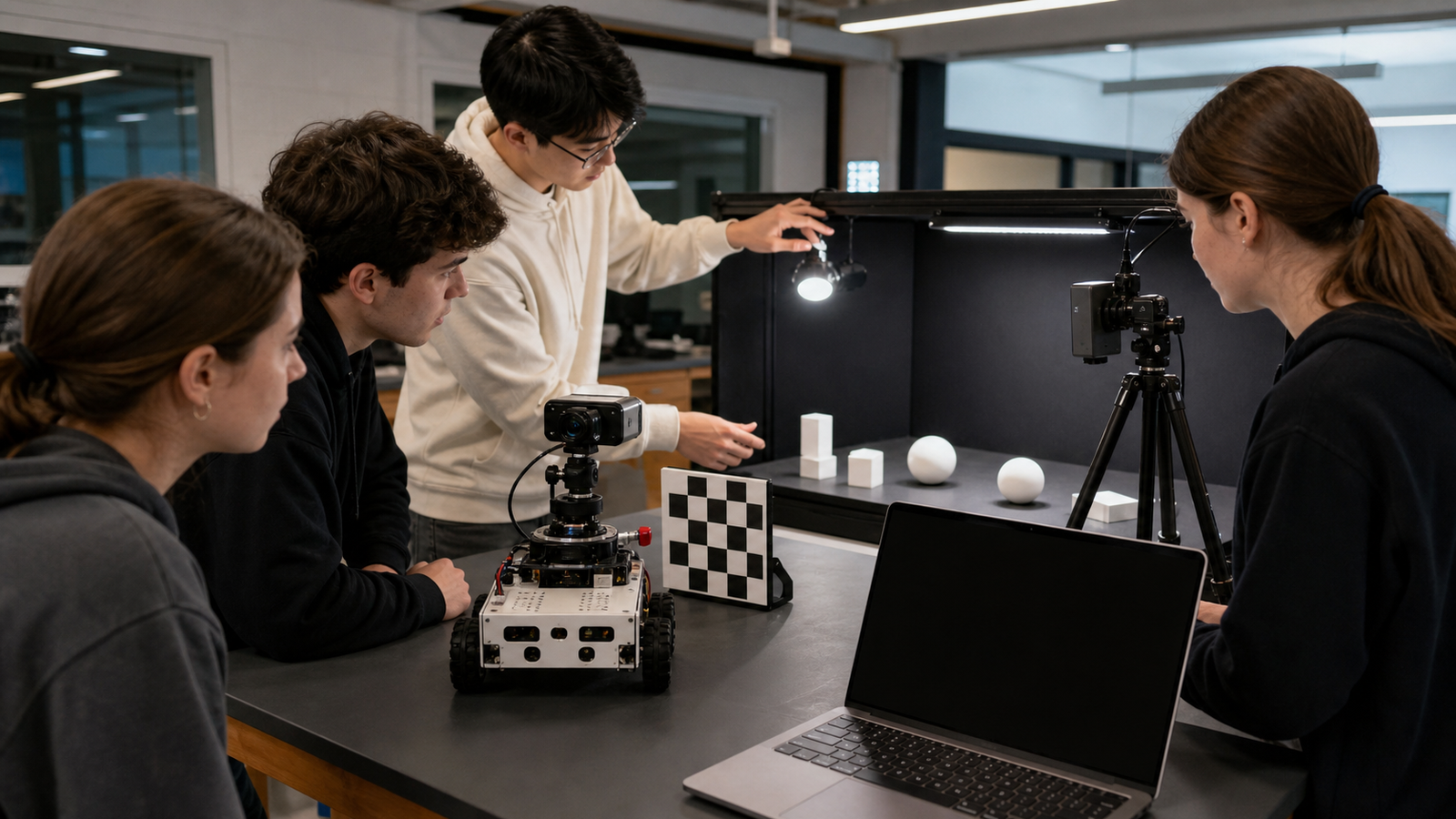 Students testing robot vision under different classroom lighting stations