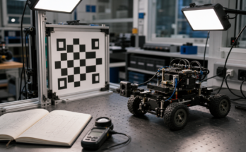 Robot vision workbench with camera module, calibration target, and adjustable lights