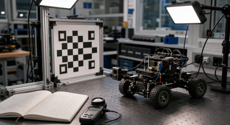 Robot vision workbench with camera module, calibration target, and adjustable lights Robot vision workbench with camera module, calibration target, and adjustable lights