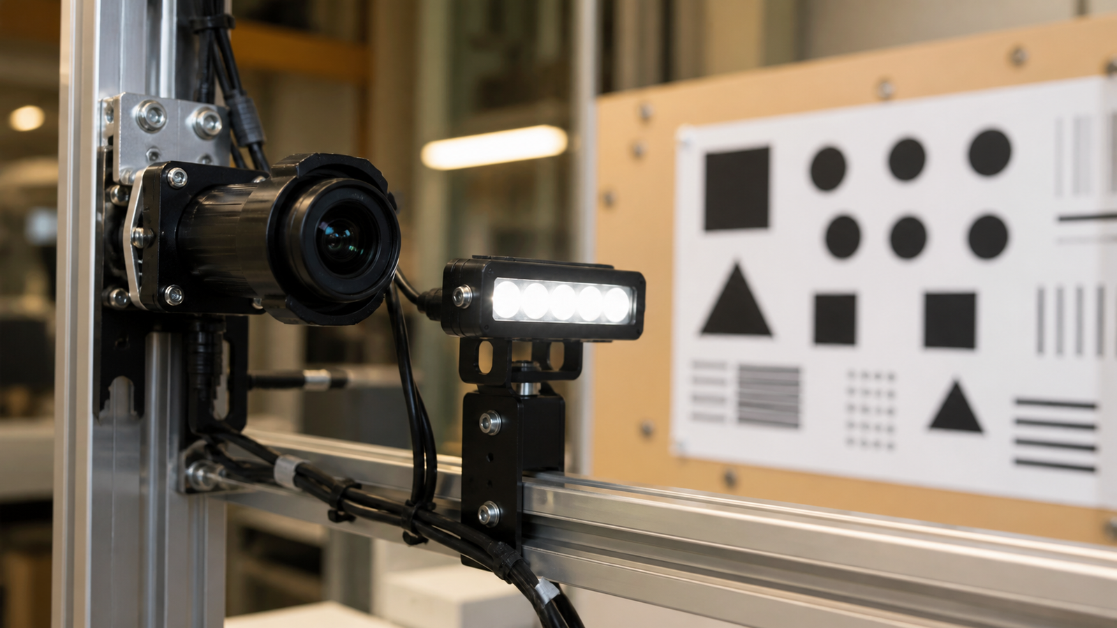 Robot camera test bench with light panels, matte target, reflective panel, and small mobile robot