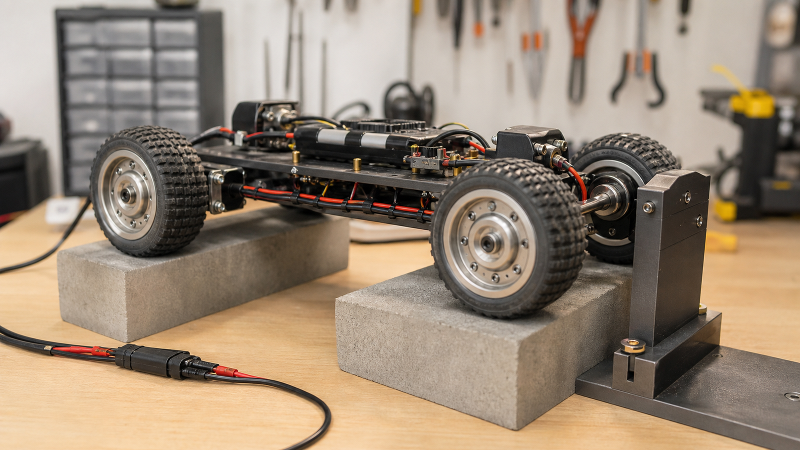 Small robot drive base on blocks during controlled wheel-load and current test