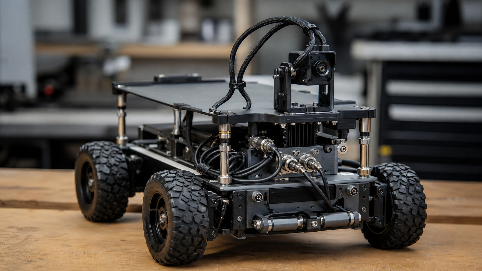 Small robot chassis with neatly strain-relieved sensor cables and service loop near a camera mount