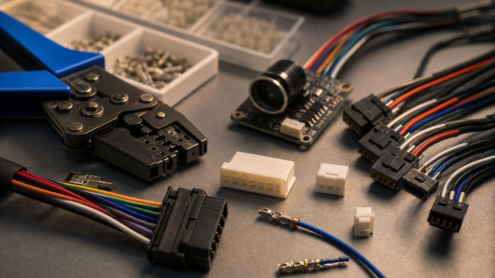 Robot sensor harness connectors, crimp tool, and cable clips arranged on a workbench without readable labels