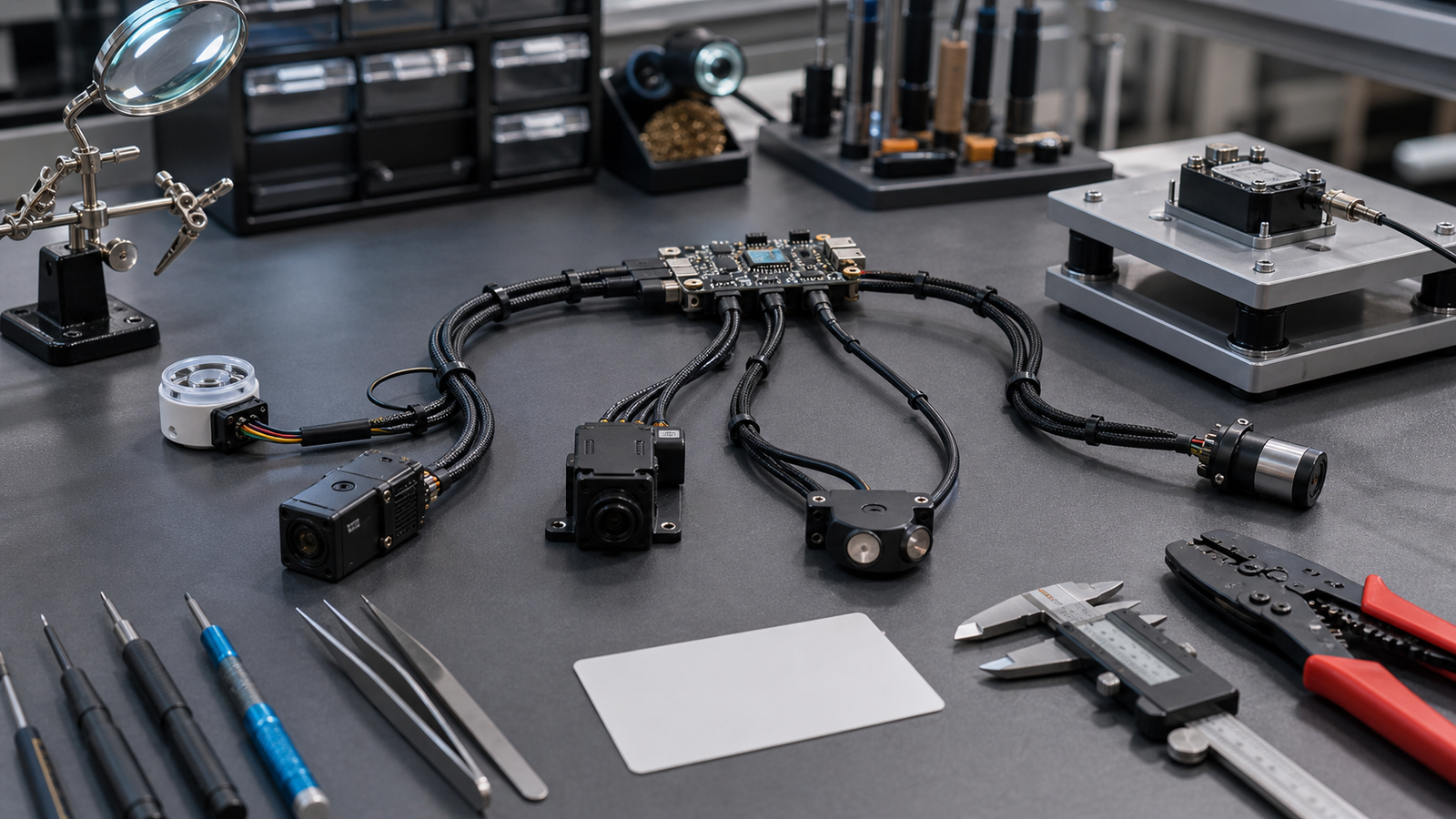 Robot debugging bench with sensor harness, labeled leads, and vibration test fixture without readable labels