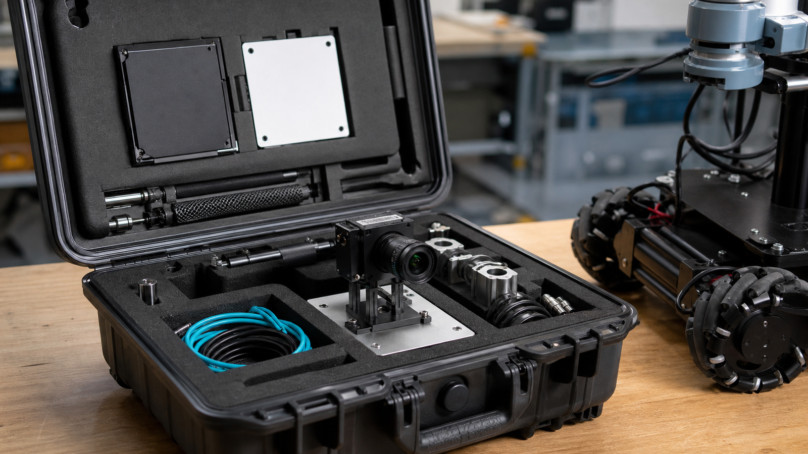 Robot vision demo packing case with camera mount, target boards, clamps, and protective sleeves