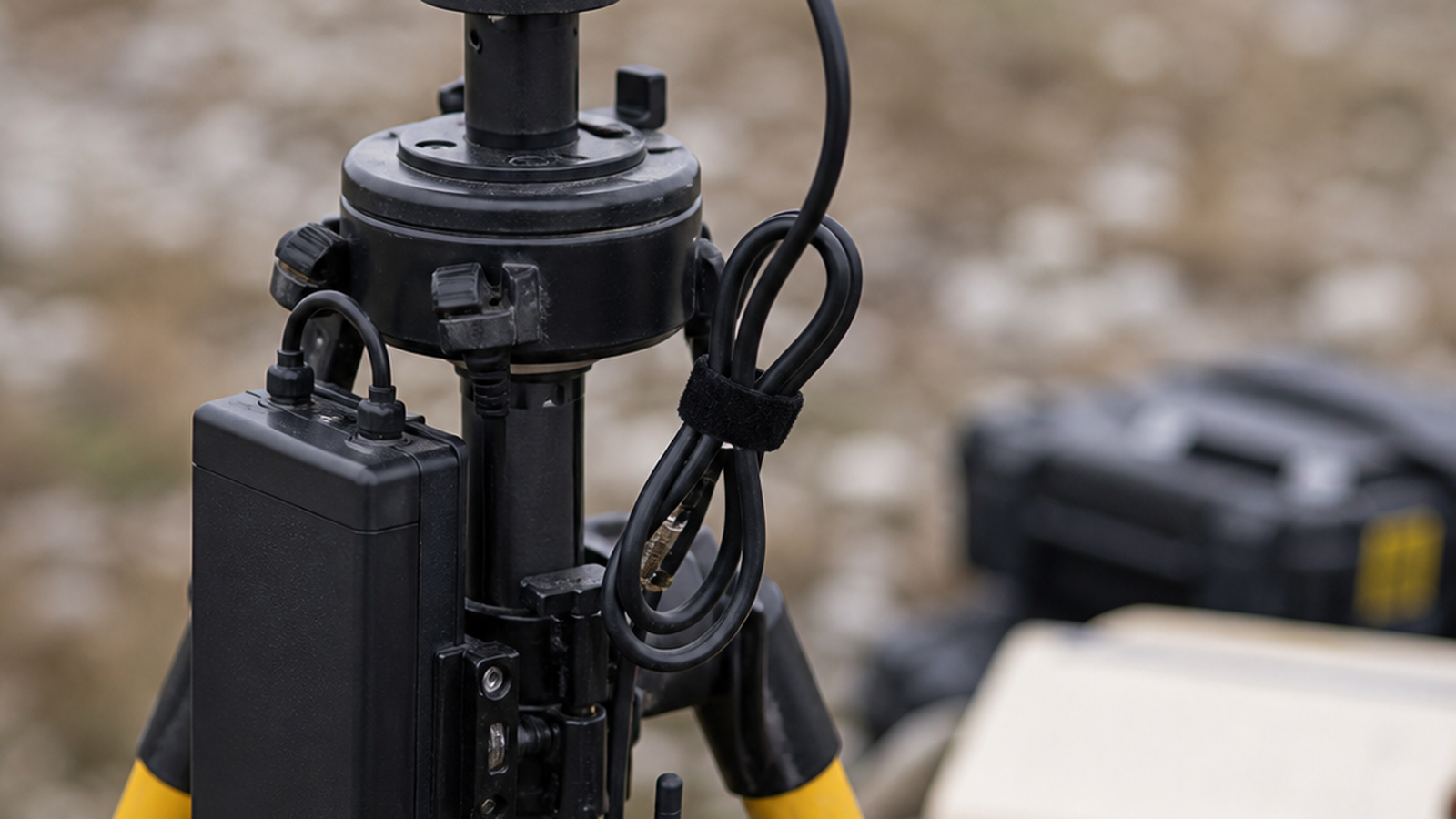 Tripod-mounted GNSS antenna beside a small field robot in an open test area