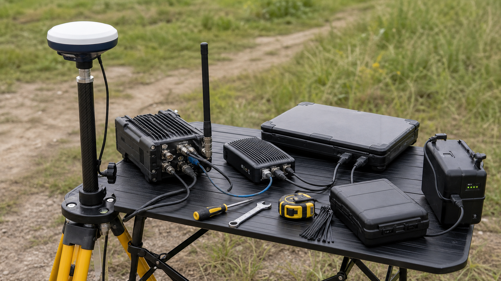 Outdoor GNSS rover test kit with antenna, radio module, LTE modem, notebook, and battery