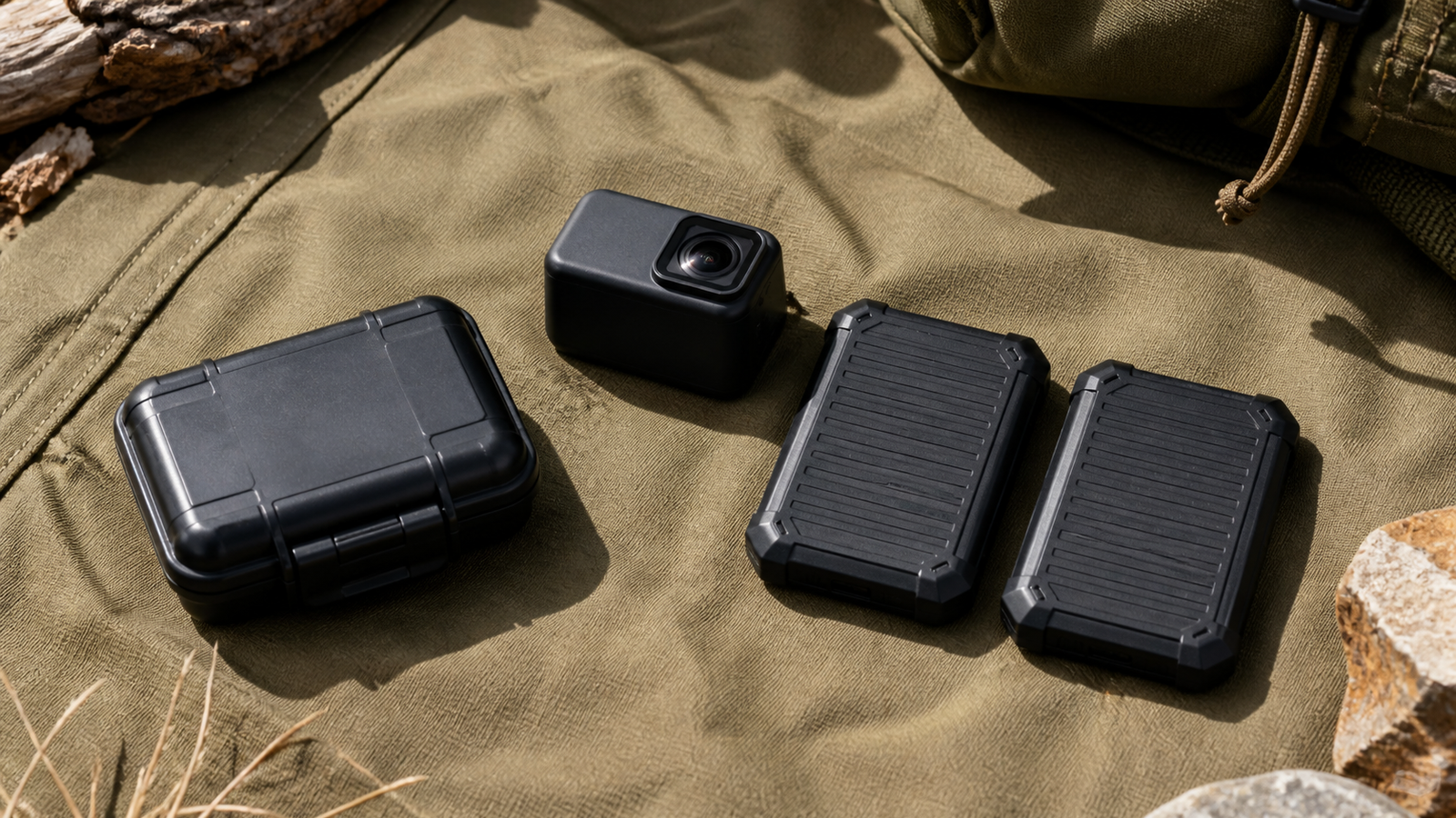 Field camera, closed memory-card case, and two portable backup drives