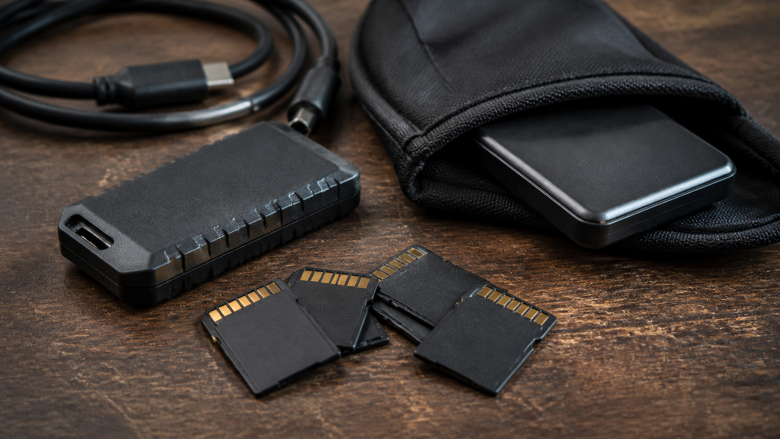 Close-up of memory cards, rugged reader, portable SSD, and field backup pouch