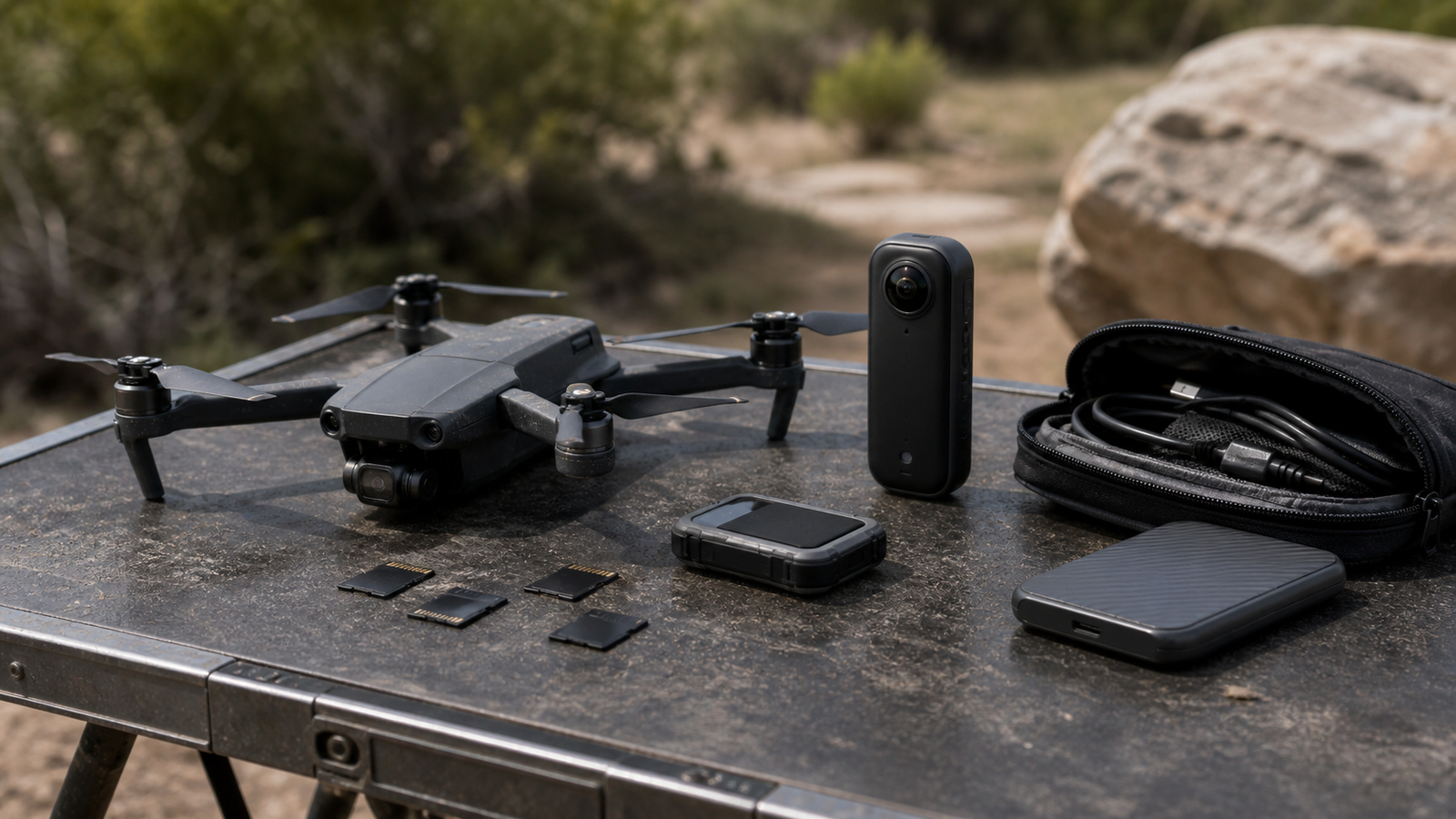 Drone and 360 camera field media kit with cards reader and backup storage