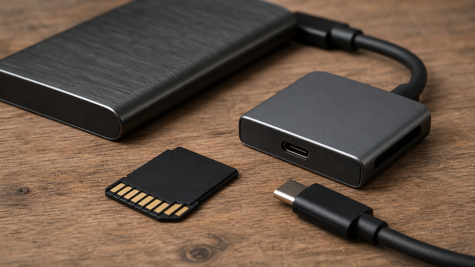 Memory card contacts beside USB-C reader and portable SSD cable