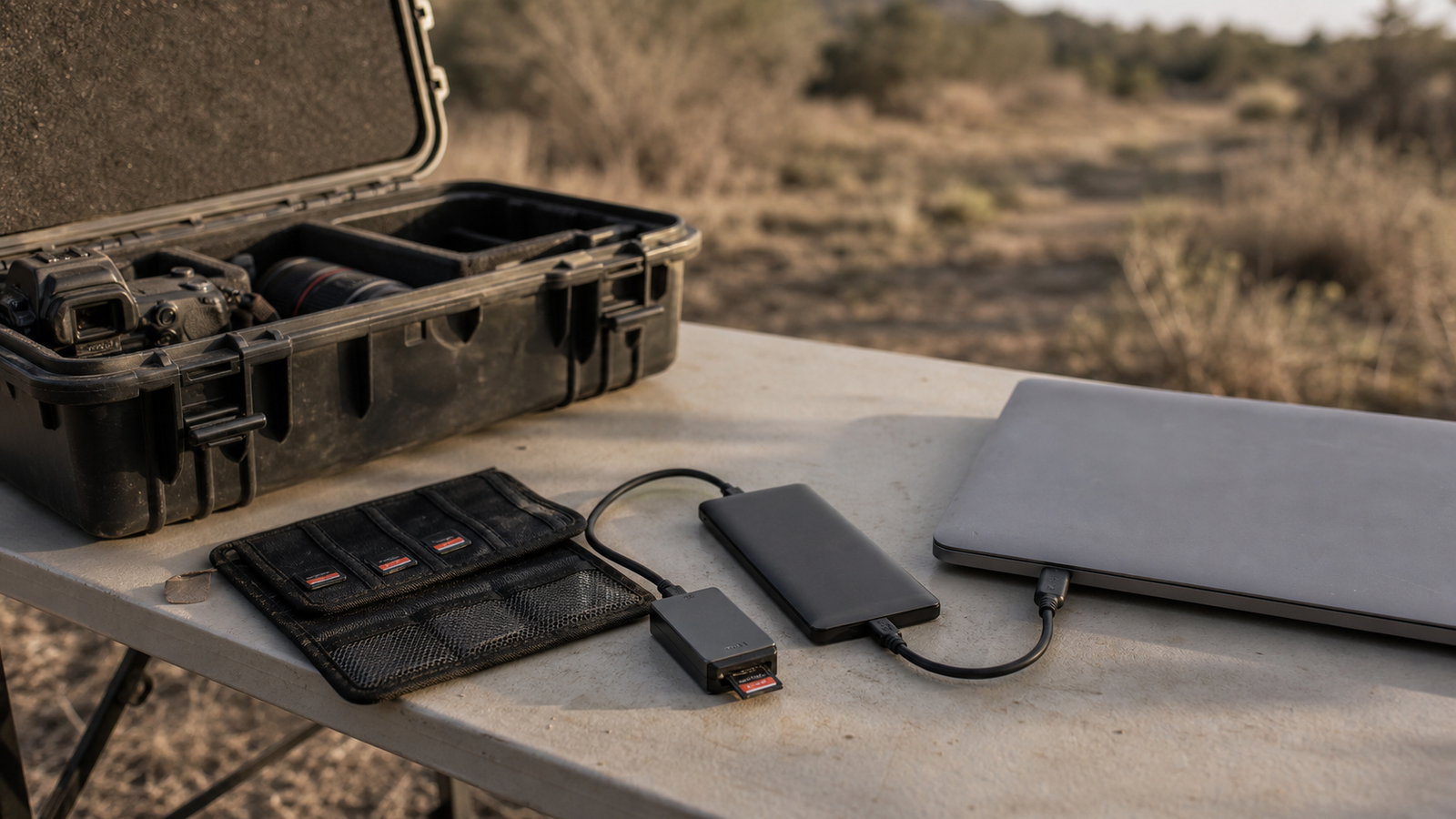Field media backup table with rugged card wallet, reader, and portable SSD