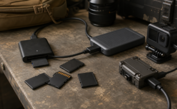 Field media workbench with unbranded SD cards, card reader, portable SSD, and action camera
